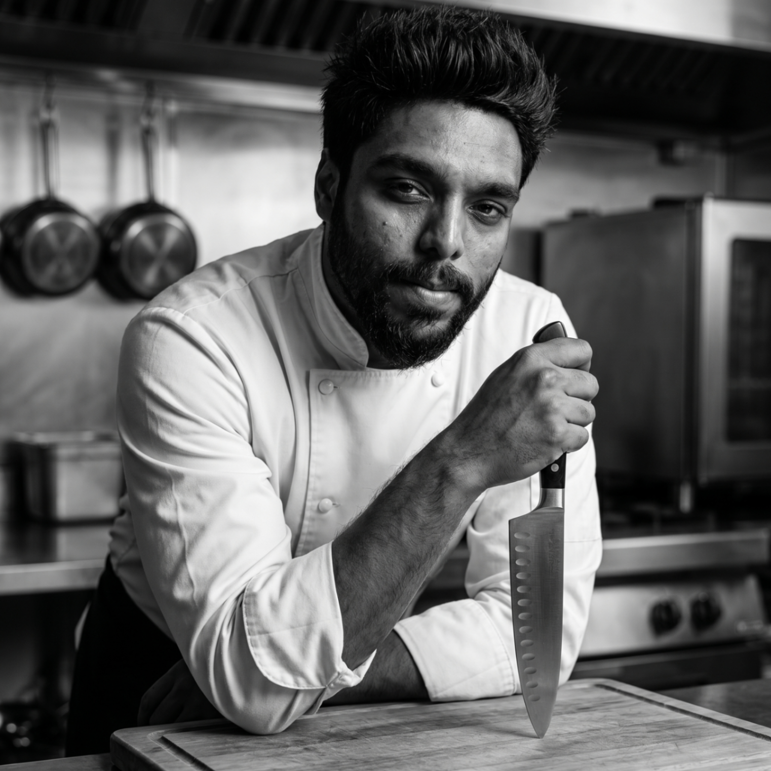 Nitesh Pawar in a professional kitchen, holding a chef's knife